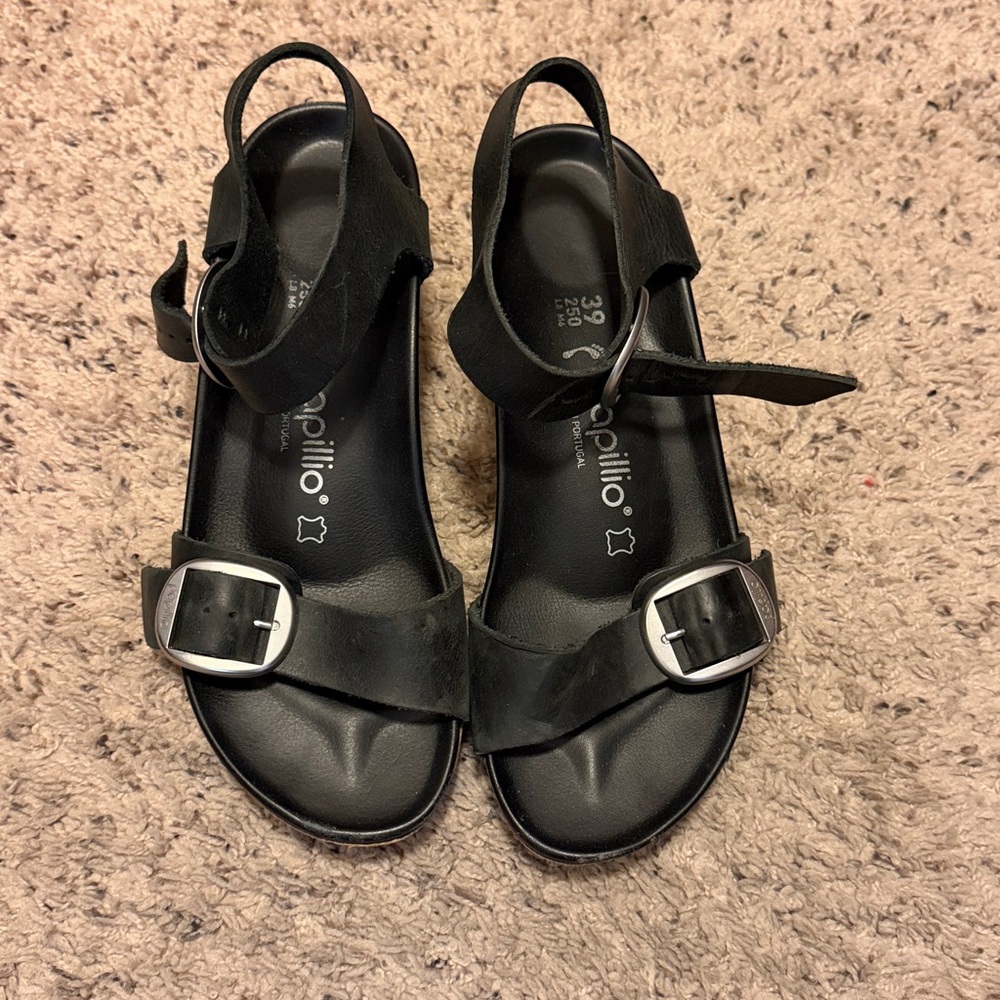 Papillio Black Cork Wedge Sandals Soley big buckle leather 39 8
